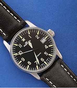FORTIS FLIEGERHERRENARMBANDUHR AUTOMATIK, SCHWEIZ UM 1998, EDELST. MATT., KONTRASTZIF- FERBL., MINERALFLACHGL., LEDERBD., ORIG. DOSE, BEI ...