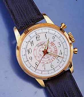 CIMIER ARMBANDUHRSCHEINCHRONOGRAPH, M. UNRUH STOPP DURCH DRÜCKER AUßEN 2, METALL HART VERG. , EMAILFARB. KONTRASTZIFFERBL. M. TACHYMETER- ...