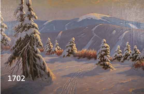 RÖDER, HEIN, GEB. 1915, WINTERLANDSCHAFT IM VORGEBIRGE MIT VERSCHNEITEN TANNEN, ÖL/ LWD, RÜCKSEITIG BEZ.: AUSBLICK VON DER HOCHSCHAR UND DEM ...