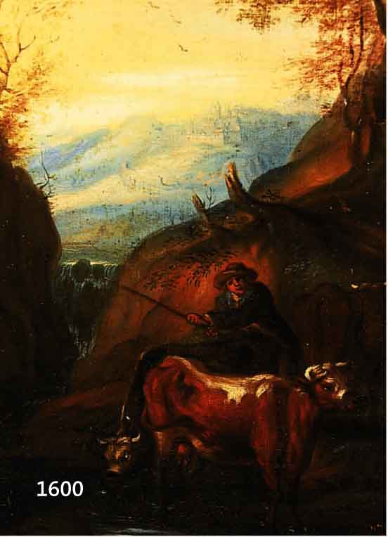 UNBEKANNTER MALER, DEUTSCH, UM 1720-60, PENDANTS: 1.) BAUER HÜTET KÜHE AN EINEM BACH- LAUF, IM HINTERGRUND IDEALISIERTE LANDSCHAFT MIT BURG, 2.) ...