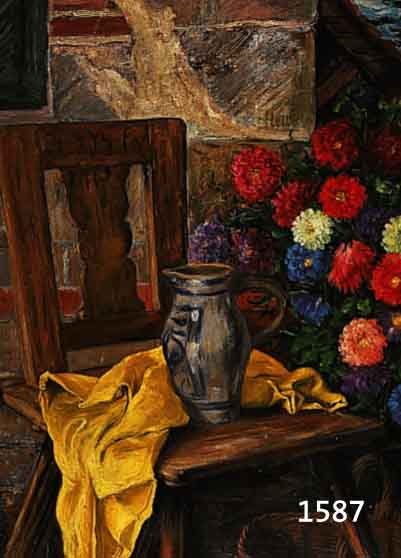 BUSCHLE, ERICH, GEB. 1901 KARLSRUHE, VOR DEM HAUS, STILLEBEN MIT STUHL, KANNE UND BLUMEN, ÖL/LWD, OBEN LINKS SIGNIERT UND DAT. 1947, CA. 80 X 60 ...