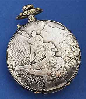OFFENE HERRENTASCHENUHR, SCHWEIZ UM 1920, METALLGEH. VERSILB., RÜCKSEITIG RELIEF. U. GRAV. DARST. V. BERGSTEIGERN M. EDELWEIS (SELTEN), VERSILB. ...