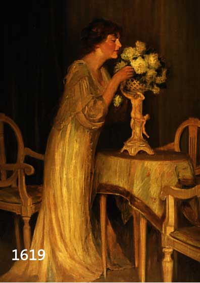 SCHWARZ, ALFRED, 1867-1951 BERLIN, DUFTENDE ROSEN, JUNGE FRAU RICHTET ROSEN IN EINER VASE AN, TYPISCHES JUGENDSTIL- INTERIEUR, ÖL/LWD, MITTIG ...