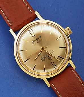 GLASHÜTTE HERRENARMBANDUHR CHRONOMETER, REF. -NR. 503203, DEUTSCHLAND UM 1965, METALLGEH. HART VERG., EDELST.-BODEN WASSERGESCH. AUFGE- DR., BEI ...