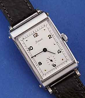STOWA HERRENARMBANDUHR, M. PATENT. EDELST.- GEH., EINLEGEGL., BL. PERF. REST., TONNENFÖRM. ANKERWERK, BAUWEISE ETA, 16 ST. MONOMET. SCHR. -UNR., ...