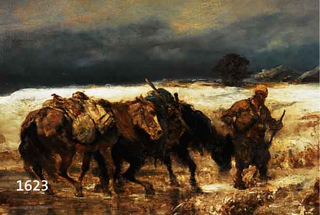SCHREYER, ADOLF, 1828 FRANKFURT-1899 KRONBERG, MANN MIT ZWEI LASTPFERDEN IN VERSCHNEITER LANDSCHAFT, ÖL AUF LEINWAND, RE. U. SIGNIERT, ...