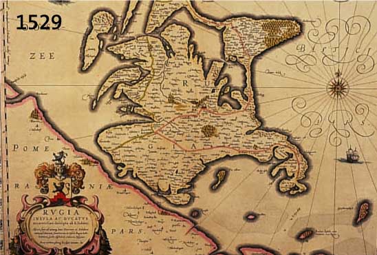 KUPFERSTICHKARTE VON BLEAU, UM 1635, NACH BESCHREIBUNG VON EILERT LÜBBEN, DIE INSEL RÜGEN, GRENZKOLORIT, SEITLICH WAPPEN- REIHEN, CA. 38 X 49 ...