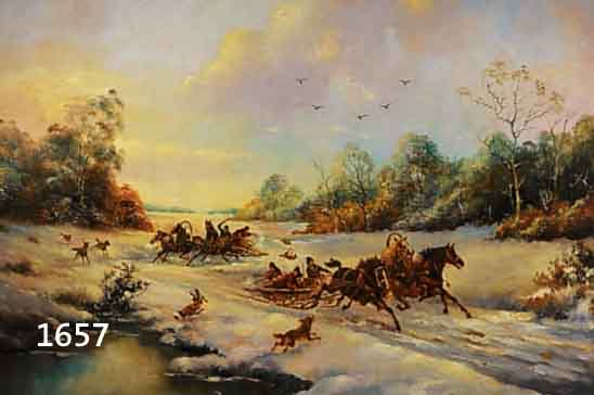 UNBEKANNTER MALER DES 20. JH., ZWEI TROIKA- SCHLITTEN BEI DER WINTERLICHEN JAGD, ÖL/LWD, RE. U. UNLESERLICH SIGN., CA. 70 X 100 CM, R.