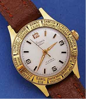 STOWA HERRENARMBANDUHR WELTZEIT, F.D. DTSCH. MARKT UM 1959, METALL GG-AUFL., EDELST.-BOD., DREHLÜN. M. WELTSTÄDTEAUFDR., 17 ST., HANDAUFZ ., ...