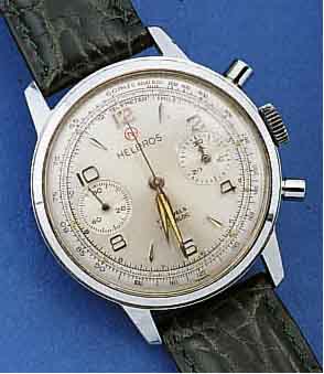 HELBROS ARMBANDCHRONOGRAPH, SCHWEIZ UM 1968, METALL VERCHR., EDELST.-BOD. GESCHR., 17 ST., 30 MIN-STOPPZÄHLER, TELE- U. TACHYMETERAUßEN- SKALA ...
