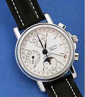 ALPINA ARMBANDCHRONOGRAPH, AUTOMATIK M. VOLL- KALENDERANZ. INCL. MONDPHASE, EDELST. TEILW. POL., ZWIEBELKRONE M. FLANKENSCHUTZ, BEIDS. ...