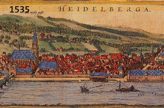 KONVOLUT VON 2 BLATT HEIDELBERG UND UMGEB- UNG, 1.) KOLOR. KUPFERSTICH V. BR. UND HOGENBERG, CA. 1590, GA HEIDELBERG,TADELLOSES EXEMPLAR, O. MIT ...