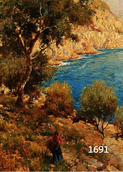 HAY, BERNARDO, GEB. 1864, KÜSTE VON AMALFI MIT SPAZIERGÄNGERIN, ÖL/ LWD, LI. U. SIGN., CA. 40 X 25 CM, R.