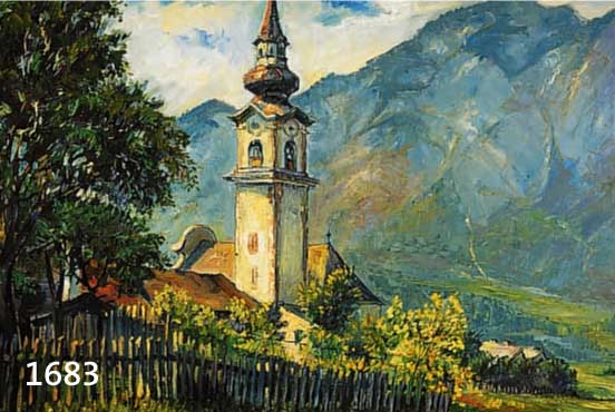 HEIECK, GEORG, 1903-1977, KIRCHTURM IM GEBIRGE, ÖL/LWD, LI. U. SIGN. UND DAT. 1938, CA. 60 X 77 CM, R.