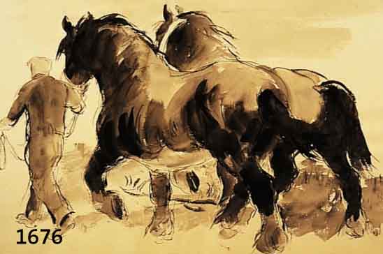 DILL, OTTO, PROF., 1884 NEUSTADT-1957 BAD DÜRKHEIM, ZWEI KALTBLÜTER MIT PFERDEFÜHRER, AQUARELLIERTE TUSCHEZEICHNUNG, HANDSIGN., CA. 34 X 46 CM, ...