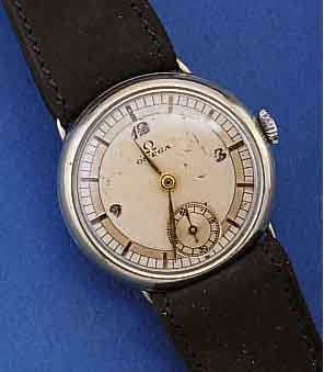 OMEGA ARMBANDUHR, SCHWEIZ UM 1940, NICKEL- RUNDGEH., BOD. U. GLASRAND AUFGEDR., ZIFFERBL. 2-FARB. VERSILB., ART DECO, FLECKIG, 15 ST., ...