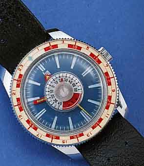 LIP SELTENE HERRENARMBANDUHR M. THERMOMETER IN ACRYLVERGL., FRANKREICH UM 1962, METALL HART VERCHR., EDELST.-BOD. VERSCHR., UNGETR. LAGER- W., LÜN. ...