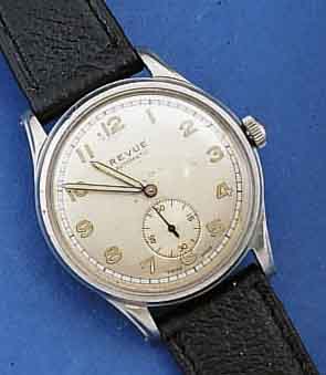 REVUE HERRENARMBANDUHR, HAMMERAUTOMATIK, SELTEN, EDELST., BOD. GESCHR., SCHWEIZ UM 1950 , AUßER LEDERBD. ORIG. ZUST., BL. FLECKIG, 19 ST., KAL. ...