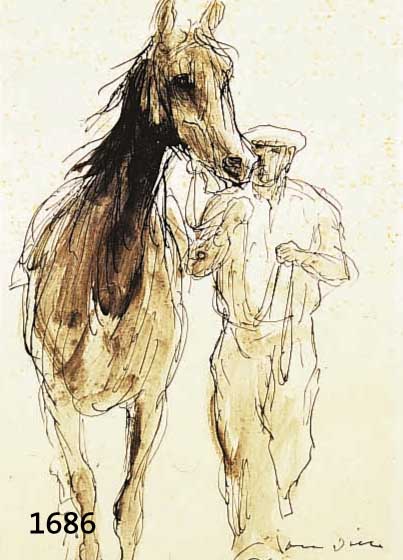 DILL, OTTO, 1884 NEUSTADT-1957 BAD DÜRKHEIM, PFERDEFÜHRER, FEDERZEICHNUNG, UM 1920, HAND- SIGNIERT, CA. 29 X 19 CM, PP, U.GL., R.