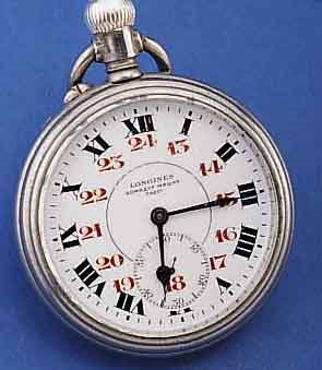 LONGINES HERRENTASCHENUHR OFFEN, FÜR DEN RUSS. MARKT UM 1910, NICKEL, AUF EMAILBL. TEILW. HERKUNFT IN KYRILLISCH (BLATT FEIN HAARR. BEI 6), FETTE ...