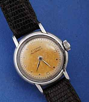 ETERNA DAMENSPORTUHR, HAMMERAUTOMATIK, SELTEN, EDELST.-BOD. GESCHR., SCHWEIZ UM 1948, AUßER KRONE LEDERBD. U. ZEIGER ORIG. ZUSTAND, KAL. 1033H, ...