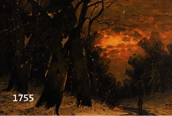 LANGER, C., DÜSSELDORFER SCHULE, 19./20. JH., SONNENUNTERGANG IM WINTERLICH VERSCHNEITEN WALD MIT SPAZIERGÄNGER, ÖL/LWD, REINIGUNGSBEDÜRFTIG, ...