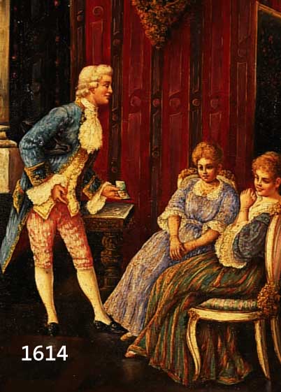 ZUSCHREIBUNG: LOUIS LEBRUN, 1844-1900 BRÜSSEL, BELGISCHER HISTORIEN- UND GENREMALER, ROKOKOSZENE MIT ELEGANTEM HER- REN, DER DEN DAMEN SCHMUCK ...