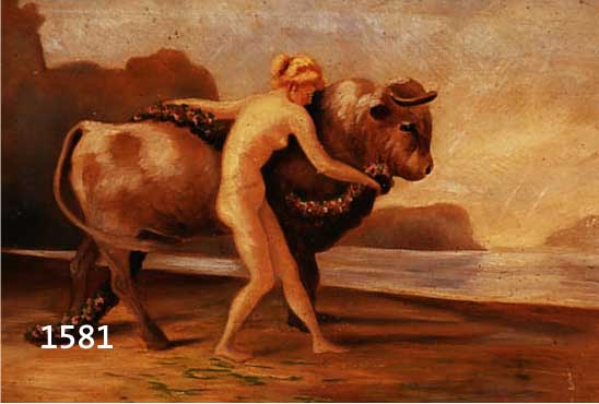 UNBEKANNTER KÜNSTLER, ANFANG 20. JH., EUROPA UND DER STIER AM MEERESGESTADE, ÖL/LWD, LEICHTE ALTERSSPUREN, UNLESERLICH SIGN., CA. 30 X 25 CM