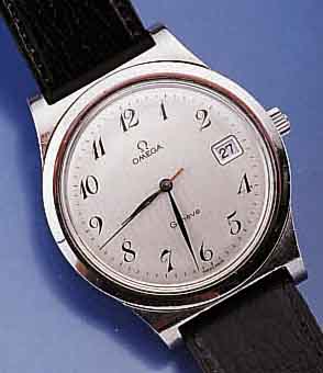 OMEGA GENEVE HERRENARMBANDUHR, EDELST., SCHWEIZ UM 1975, FLACHE AUSF., BODEN GESCHR., BEI FERTIGST. WASSERGESCH., DATUM-SCHNELLKOR- REKTUR DURCH ...