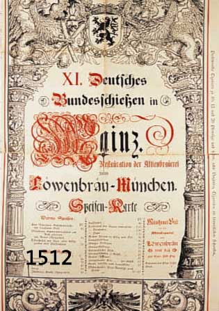 6 SPEISEKARTEN, DEUTSCH, AB 1894 BIS CA. 1913, U.A. BRAUEREISPEISEKARTEN MATHÄSER- BRÄU ZUM HESSENBRÄU, BRAUEREI BINDING, SCHLOß- BRUNNEN ...