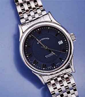REVUE THOMMEN HERRENARMBANDUHR AUTOMATIK SERIE WALL STREET, SCHWEIZ UM 1999, EDELST. POL. INCL. EDELST.-BAND M. DOPPELTER, UNSICHT- B. FALTSCHL., 4 ...
