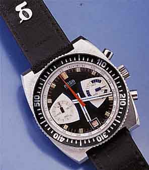 ARSA ARMBANDCHRONOGRAPH, SCHWEIZ UM 1969, EDELST., BODEN GESCHR., LÜNETTE M. 60ER TEI- LUNG, BEIDS. DREHB., KONTRASTZIFFERBL., FARBL. DIFF., ...