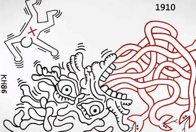HARING, KEITH, 1958-1990, SCHLANGEN, ACRYL AUF PAPIER, SEITLICH RECHTS MONOGRAMMIERT UND DAT. 86, CA. 54 X 98 CM, PROV.: THOMAS COHN GALLERY RIO ...