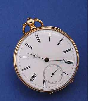OFFENE TASCHENUHR (MEDIUM), SCHWEIZ UM 1840, GG 585/000, BODEN SYM. GUILL., MONOGR.- SPIEGEL FREI, PERF. EMAILBL. M. ORIG. GEBL. ...