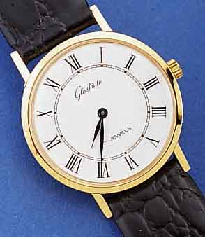 GLASHÜTTE HERRENARMBANDUHR, DEUTSCHLAND UM 1984, METALL HARTVERG., EDELST.-BOD. AUFGEDR., EMAILFARB. KONTRASTZIFFERBL., FORMANKERWERK, KAL. 09-20, ...