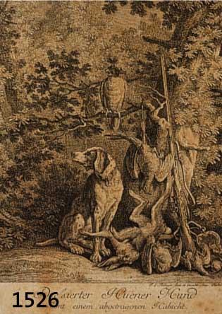 RIDINGER, JOH. ELIAS, MITTE 18. JH., FÜNF KUPFERSTICHE MIT VERSCH. JAGDMOTIVEN: DRESSIERTER HÜHNER HUND SAMT SEINEM ABGE- TRAGENEN HABICHT; ...