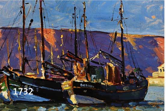WILKE, PAUL, ERNST, DAT. 1932, ÖL/KARTON, FISCHEBOOTE VOR HELGOLAND, NACH DER NATUR, MIT WIDMUNG ZUR ERINNERUNG AN DIE SONDERAUSSTELLUNG ...