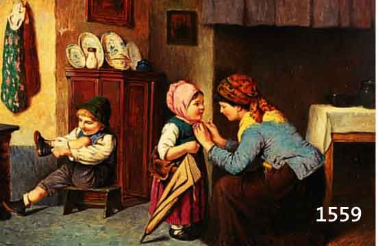 JELINEK, RUDOLF, GEB. 1880 BRÜNN, SUDETENDEUTSCHER MALER UND LITHOGRAPH, WAR SCHÜLER VON HLAWATSCHEK IN WIEN, HIER: MUTTER HILFT IHREN KINDERN ...