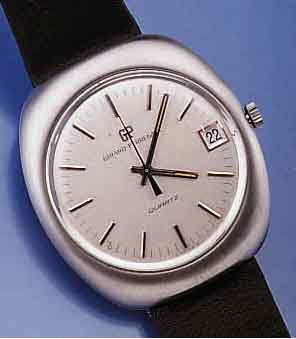 GIRARD PERREGAUX HERRENARMBANDUHR, ERSTE QUARTZSERIE M. ANALOGANZ., EDELST. MATT., BODEN GESCHR., NEUTR. LEDERB., UNGETR. LAGER- W. UM 1973, WERK ...