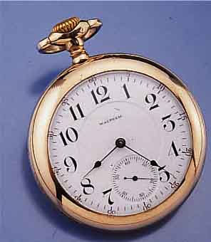 WALTHAM OFFENE SCHWERE HERRENTASCHENUHR, USA UM 1902, MODELL VANGUARD, METALL-SCHR.- GEH. HARTVERG., ALTERSBED. BER., ZEIGERSTELL- RIEGEL UNTER ...