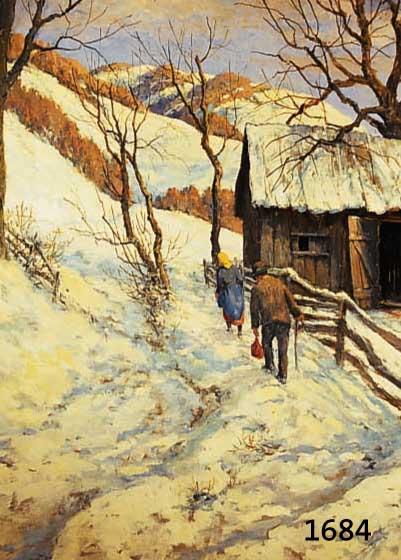 KIERNER, RUDOLF, DATIERT 1932, ALTES PAAR AUF DEM HEIMWEG IN SCHNEEBEDECKTER LANDSCHAFT, ÖL/MALKARTON, RE. U. SIGN. UND DAT., CA. 69 X 58 CM