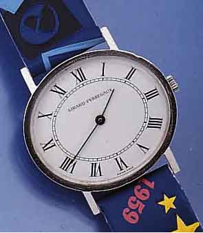 GIRARD PERREGAUX HERRENARMBANDUHR, SCHWEIZ UM 1968, EDELST., OVALFORM, BODEN GEDR., FLACHE GESAMTAUSF., EMAILFARB. KONTRASTZIFFER- BL., ...