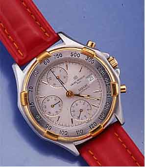 MICHEL HERBELIN ARMBANDCHRONOGRAPH AUTOMATIK MODELL SAFARI, SCHWEIZ UM 1988, EDELST., BODEN U. KRONE GESCHR., DRÜCKER WIE TEILE DER LÜNETTE M. ...