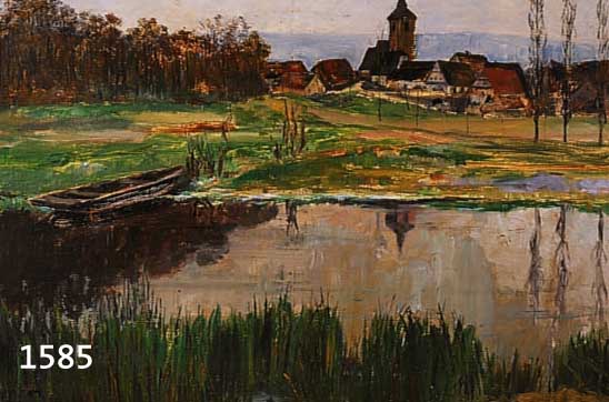 IMGRABEN, CÄCILIE, GEB. 1879 KARLSRUHE, BLICK AUF EIN AM WEIHER GELEGENES DORF, ÖL/LWD, RE. U. SIGN. UND DAT. 1914, CA. 37 X 52 CM, R.