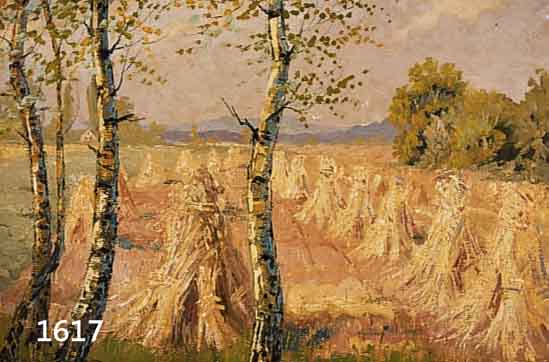 VON ANDOK, LUDWIG, 1890 UNGARN-1981 MÜNCHEN, LANDSCHAFT MIT FELD NACH DER ERNTE, IM VORDER- GRUND BIRKEN, ÖL/LWD, RE. U. SIGNIERT, HELLE ...