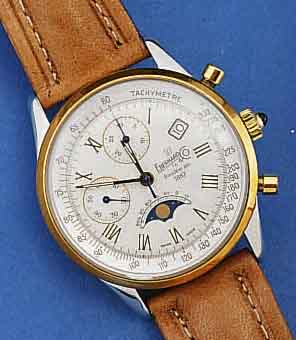EBERHARD & CO JUBILÄUMS-CHRONOGRAPH, EDEL- STAHL, MIT DATUM UND MONDPHASE, BODEN VERSCHR. , AB HERST. WASSERGESCH., LIMIT. AUFLAGE VON 989 STÜCK, ...