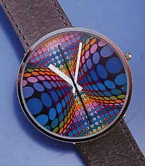 BULOVA DESIGNERARMBANDUHR VASARELY, SCHW. HIGH-TECH-QUARTZWERK MIT ZENTRALSEK., MESSING- GEH. SILBERGRAU PATINIERT, EDELSTAHLSPRENG- DECKEL 22 KT ...