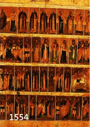 IKONE, NORDRUSSLAND, UM 1830-1860, DARSTELLUNG DER HEILIGEN UND FESTE DES MONATS APRIL, IN VIER REIHEN SIND DIE HEILIGEN DES MONATS APRIL ...