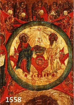 IKONE, NORDWESTRUSSLAND, UM 1850, DARSTELLUNG DER DREIFALTIGKEIT, IN EINER RUNDEAUREOLE SIND DEM THRON DER CERUBIM GOTT-VATER UND CHRISTUS ...