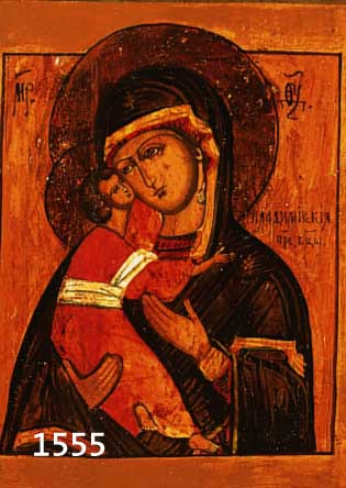 IKONE, NORDRUSSLAND, 1850-1890, DARSTELLUNG DER GOTTESMUTTER WLADMIRSKAJA, DIE GOTTES- MUTTER IST HALBFIGURIG DARGESTELLT, RESTAURIERTER RISS ...